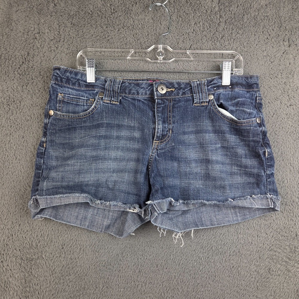 Arizona Cutoff Shorts Women's 13 Jean Blue Whiskered Y2K Stretch Denim Cuffed
